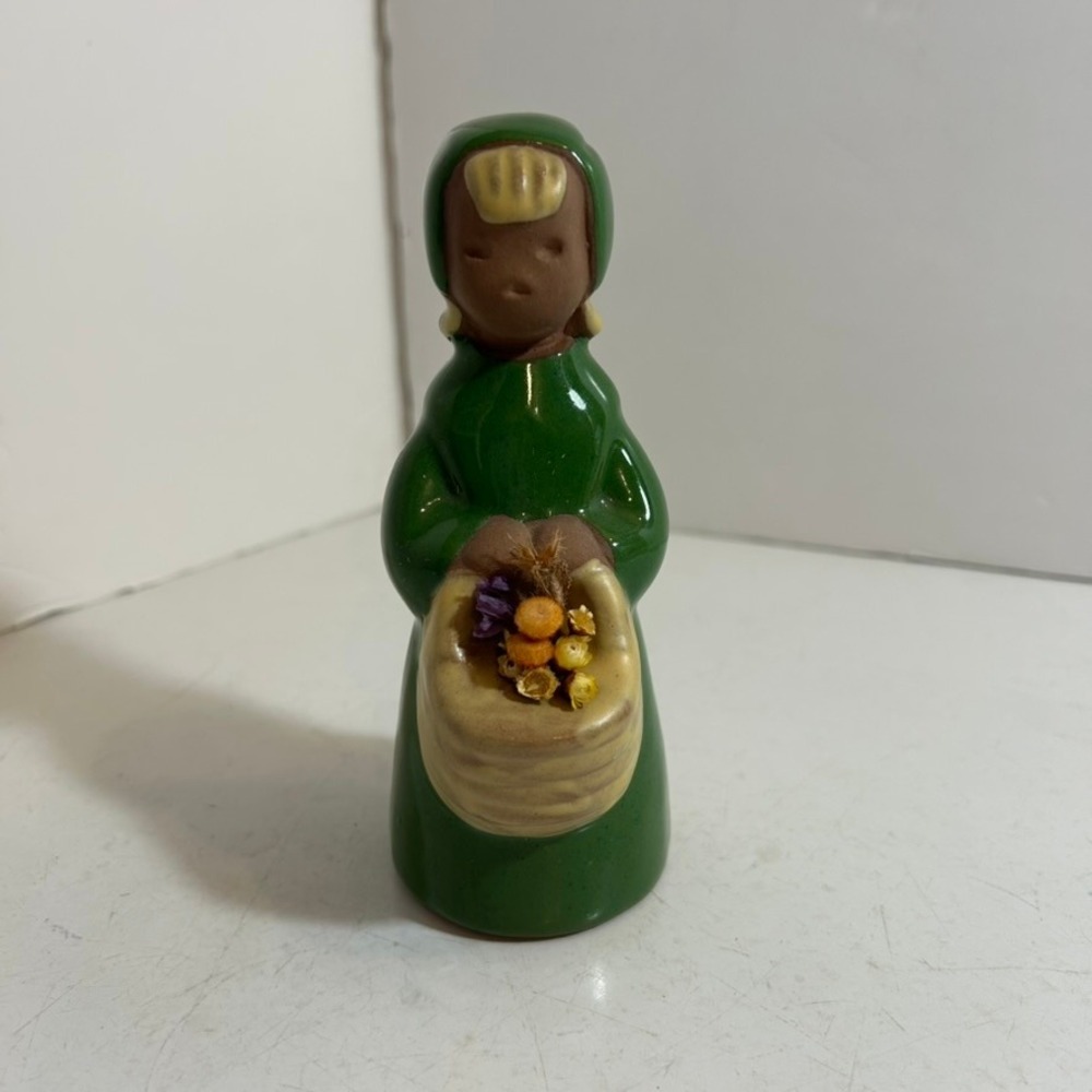 Vintage Jie Gantofta Sweden Ceramic Girl Figurine with Dried Flowers Green Glaze